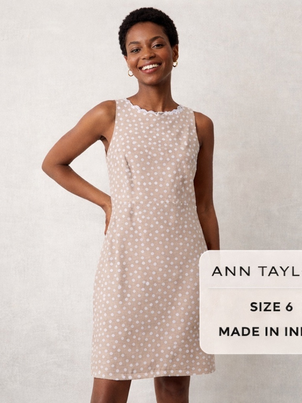 Ann Taylor Polka Dot Shift Dress Size 6 Beige White Sleeveless Scalloped Neck